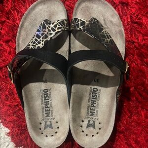 Mephisto Helen Thong Sandal, Black and Gold Sandals